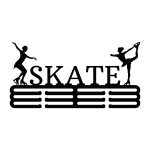 Black steel medal holder featuring the word 'SKATE' with two female roller skaters, one on each side, and 12 hooks for hanging medals.